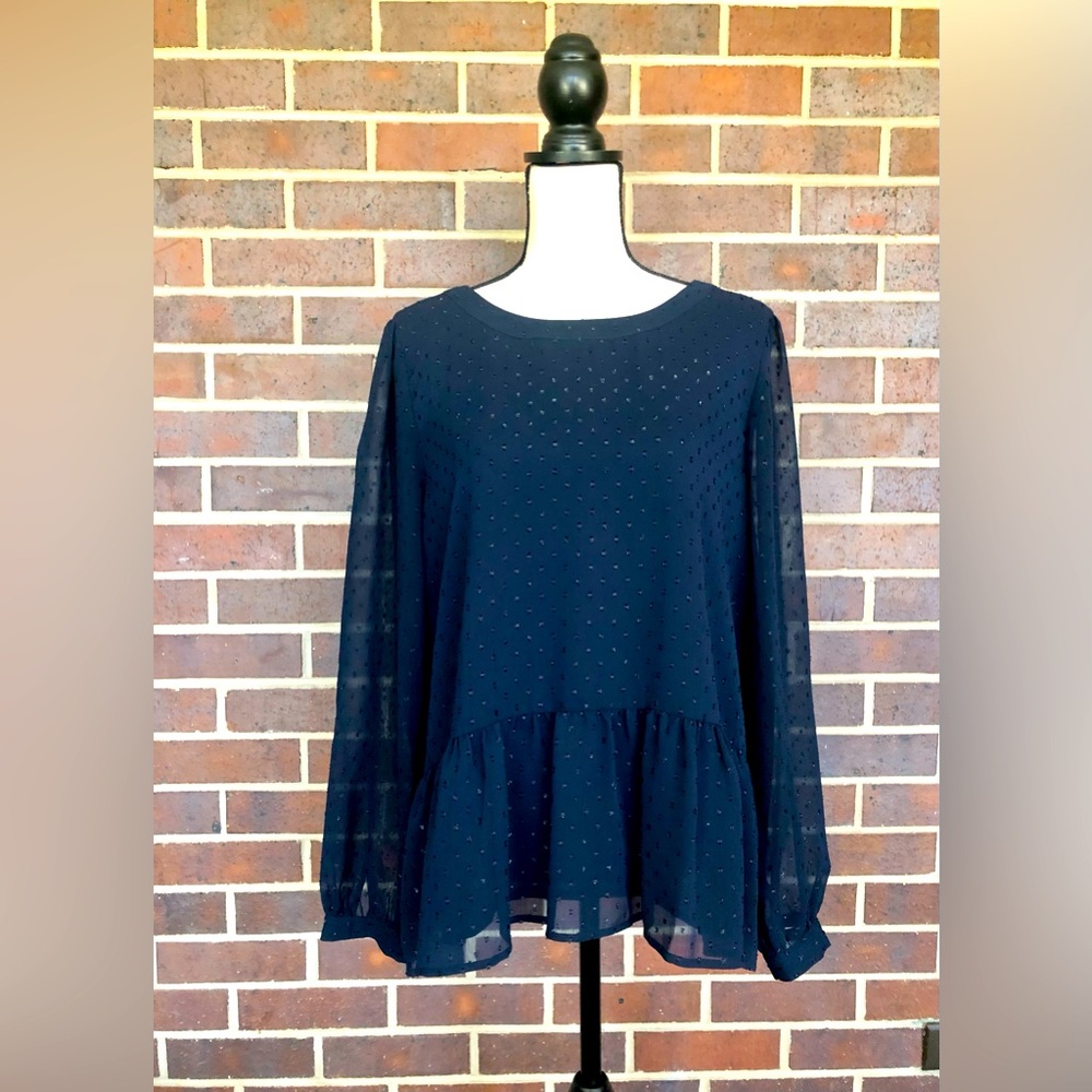 LOFT Black Sheer Dot Peplum Blouse